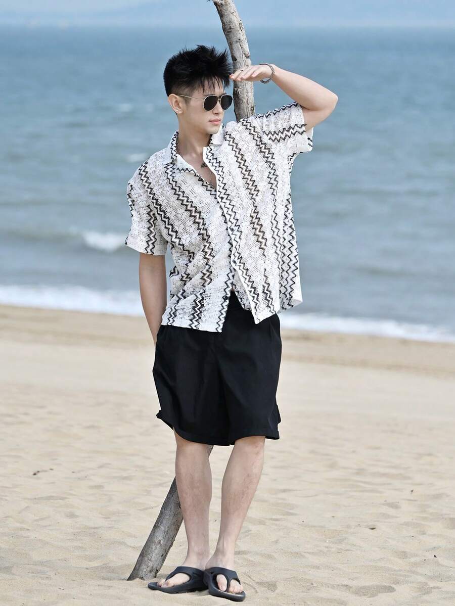 DAZY Camisa de manga corta con textura de rayas para hombre, verano - Multicolor - Ver 1