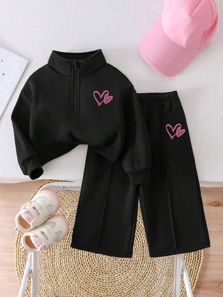 SHEIN 两件套女婴可爱百搭休闲腰带抓握面料保暖个性化时尚刺绣字母套头拉链卫衣裤子两件套舒适休闲百搭时尚日常适合室内、室外、日常、运动、玩耍、派对度假、节日适合秋冬季圣诞节 - 黑色 - 查看 1