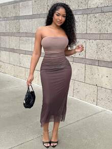 Alexandranx American Style Gradient Mesh Strapless Bodycon Dress,Summer Dresses For Women,Tea Party Dress - Coffee Brown - View 1