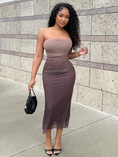 Alexandranx American Style Gradient Mesh Strapless Bodycon Dress,Summer Dresses For Women,Tea Party Dress