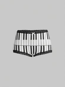 ROMWE Y2K Retro Music Note & Piano Keyboard Print Lace Trim Low Waist Shorts 3 Pieces Set - Multicolor - View 9