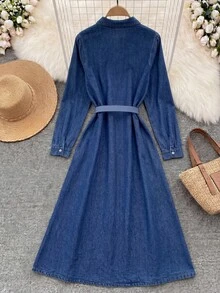 GlowEve 女士翻领单排扣褶裥休闲度假约会外出长袖牛仔连衣裙 - 藍色 - 查看 2