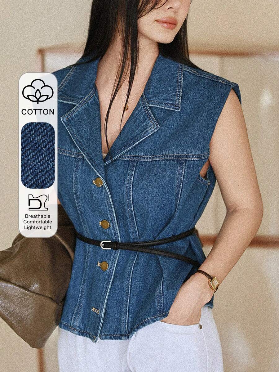 Áo khoác denim ngắn không tay cổ bẻ dáng casual dành cho nữ - Rửa tối - Xem 1