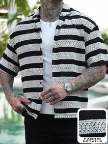 Manfinity RSRT 男士条纹针织拼接抓绒质感休闲衬衫 男士钩针套装 男士针织纽扣衬衫 - 黑與白 - 查看 5