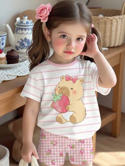 Set de 2 piezas de top de manga corta y shorts para niñas bebés de 6 meses a 2-3 años, con diseños de rayas rosas, estampado de fresas y cuadros de fresas, de tela ligera, un conjunto adorable y cómodo para uso diario/en casa, ropa de verano para niños