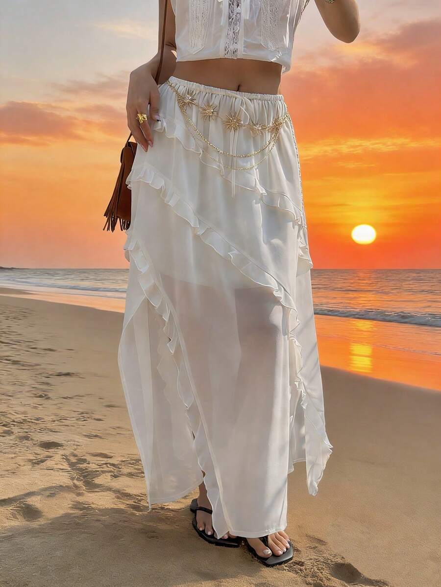 Livesso Spring & Summer White Ruffled Asymmetric Hem Casual Vacation Beach Chiffon Skirt, Elegant For Commuting, Romantic, Wedding - White - View 1