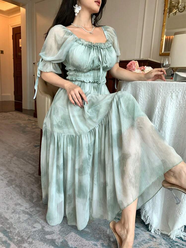 Women's Square Neck Short Sleeve Cinched Waist Casual Chiffon Dress, Vacation Style Dress Sundress