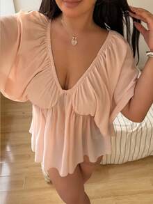 Sunnyshic 复古宽松V领雪纺女士短袖T恤 - 杏色 - 查看 3