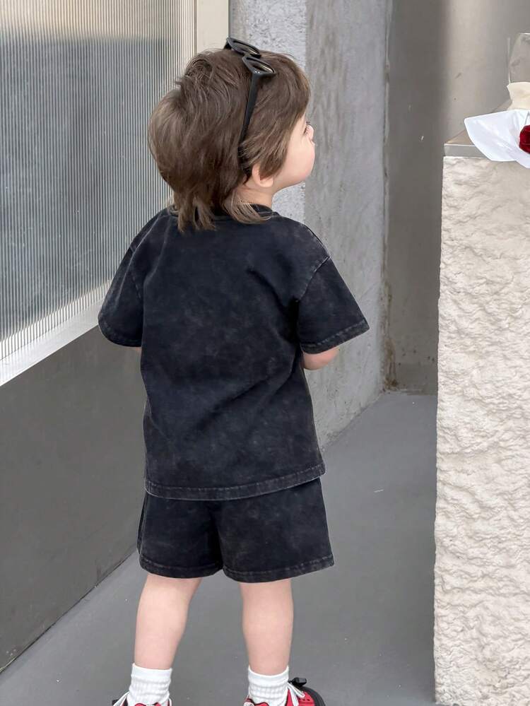 Baby Boys' Round Neck Washed Street Style Casual 2-Piece T-Shirt Set Summer