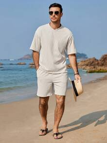 VENTUSAIL 男士纯色短袖T恤和短裤套装 - 杏色 - 查看 6