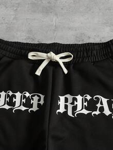 ROMWE MEN Men's Letter Print Drawstring Waist Pocket Loose Sweatpants - Black - View 3