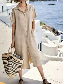 EMERY ROSE Đầm midi tay ngắn kẻ sọc kiểu Pháp cổ điển, thanh lịch và thời trang dành cho nữ, thích hợp cho mùa xuân/hè. - Màu be - Xem 3