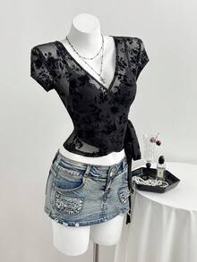 Elamini 女士蓝色植绒不对称V领短袖T恤衫，蕾丝上衣，优雅高贵，正式场合批发服装，女士特殊场合正式服装 - 黑色 - 查看 4