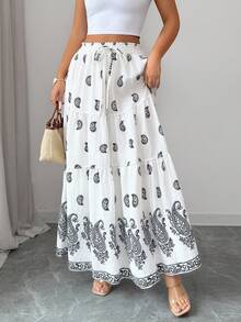 Rafferiza Peplum Hem Paisley Print Layered Ruffle Skirt, Waist Cinched Slimming A-Line Skirt - White - View 6