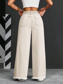 SHEIN Tall Women's Pocketed Wide Leg Loose Casual Distressed Jeans - Beige - View 6