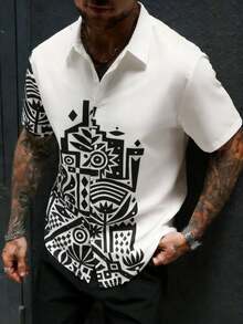 EGENSIO 男士夏季休闲沙滩度假几何印花短袖衬衫 - 白色 - 查看 1