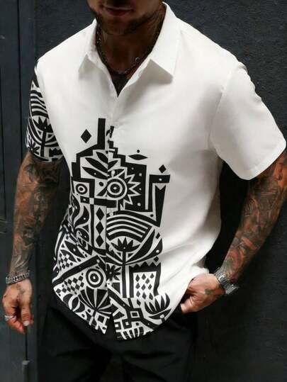 EGENSIO Camisa de manga corta con estampado geométrico para hombre, casual de verano para vacaciones en la playa