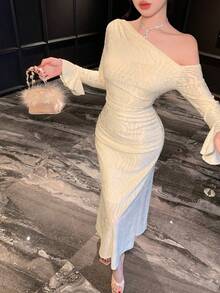 Joudiya Đầm nữ thanh lịch chất liệu vải dệt họa tiết, cổ bất đối xứng, tay bồng, eo ôm sát, vạt đuôi cá, thích hợp cho mùa xuân/thu. - Màu be - Xem 5