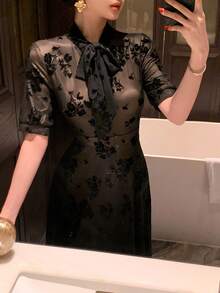 Joudiya 春夏亮片缎带领黑色连衣裙，花卉蕾丝印花，优雅适合情人节、婚礼、派对、正式场合，时尚百搭，收腰设计，长袖，薄纱面料，中长款女装 - 黑色 - 查看 12