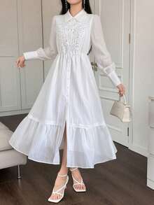 DAZY Robe chemise blanche à empiècement en dentelle, style mode décontractée et bureau, pour le printemps et l'été. Robe longue et ample, robe d'été pour femmes - Blanc - Voir 2