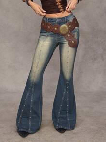 Jeanoix Quần jeans ống loe bạc màu kiểu Y2K dành cho nữ - Rửa tối - Xem 7