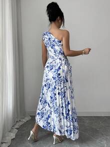 Rafferiza 女士印花镂空扭褶设计休闲度假派对连衣裙 女装 连衣裙 女士夏季连衣裙 女士夏季套装 度假装 女士度假连衣裙 女士印花中长连衣裙 女士礼服 女士场合礼服 婚礼宾客礼服 女士夏季优雅 - 藍白色 - 查看 3