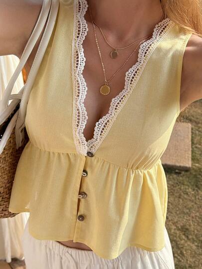 DAZY Women's V-Neck Sleeveless Casual Color Block Splice Vacation Style Blouse Shirt