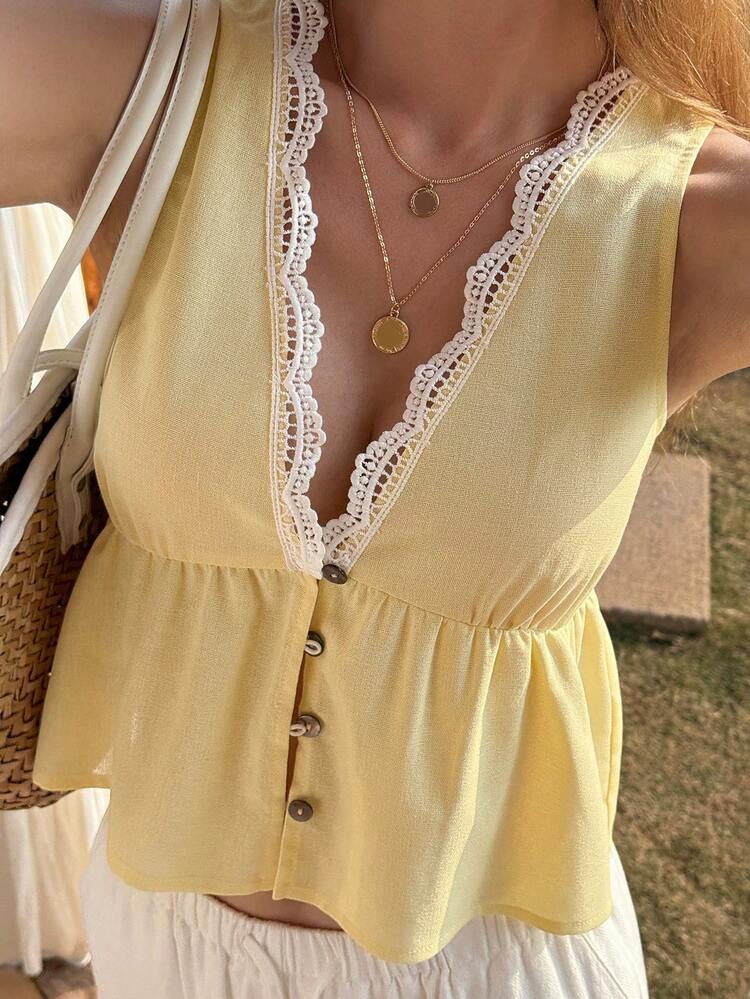 Women's V-Neck Sleeveless Casual Color Block Splice Vacation Style Blouse Shirt Summer