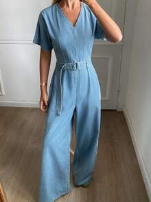 DAZY Women's V-Neck Short Sleeve Waist Cinched Casual Denim Jumpsuit - Light Wash - View 1