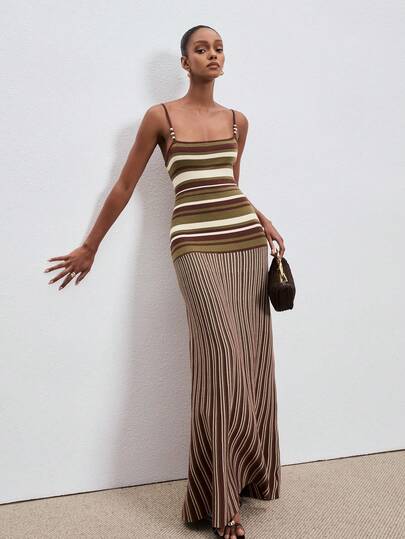 ATUI Studio Women's Fashionable Commuter Striped Camisole Knit Dress, Summer Colorful Striped Knitted Woolen Dress With Bead Shoulder Strap Design, Elegant Vacation Dress