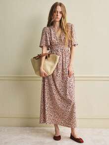 Écloséra 女士度假风扭腰碎花V领花瓣袖及膝连衣裙 - 彩色 - 查看 5