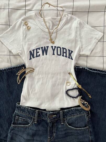 Glimmora Plus Size Women's Round Neck Letter Print Casual Versatile Daily Wear Short Sleeve T-Shirt