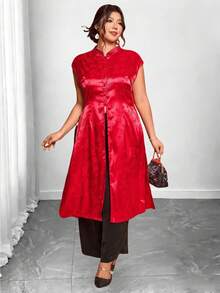 Cravure Plus Size New Chinese Style Celebratory Mandarin Collar Split Hem Long Qipao Dress,Elegant Red Summer Curve Party Cheongsam Robe Top - Red - View 4