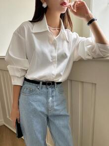 DAZY Women's Loose Casual School Solid Color Shirt - White - View 2