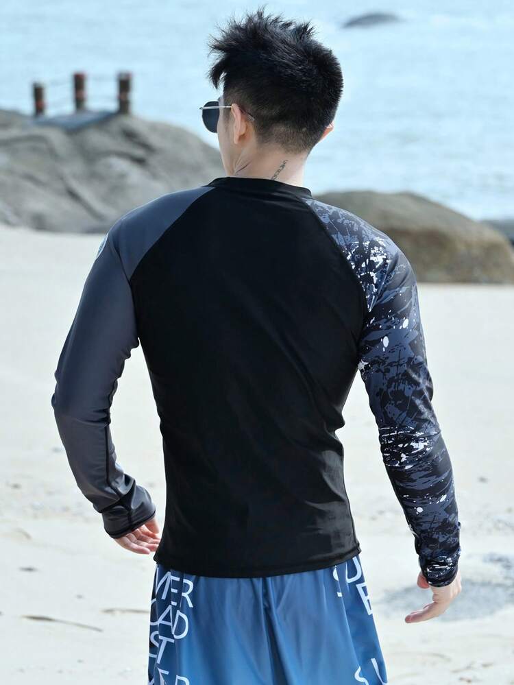 Men's Letter Print Splice Sleeve Rash Guard, Slim Fit Swimwear For Summer