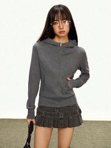 Rina Fox Áo khoác hoodie dài tay đính hạt có khóa kéo phía trước dành cho nữ - Xám - Xem 3