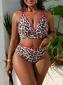Slaydiva 2026 New Plus Size Women 2pcs Leopard Print Red Trim Contrast Color Deep V Neck Bikini Set, Beach Vacation - Multicolor - View 3