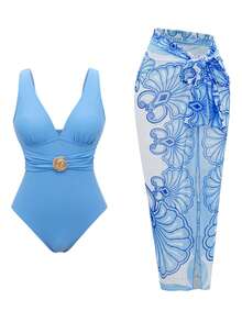 Swim Oasis 女士蓝白碎花性感沙滩泳装套装，夏季 - 藍色 - 查看 6