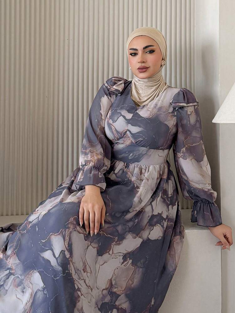 Dazy Plus Plus Size Elegant V-Neck Floral Print Chiffon Flare Sleeve Waist Cinched Long Dress, Soft Purple Maxi Dress Sundress