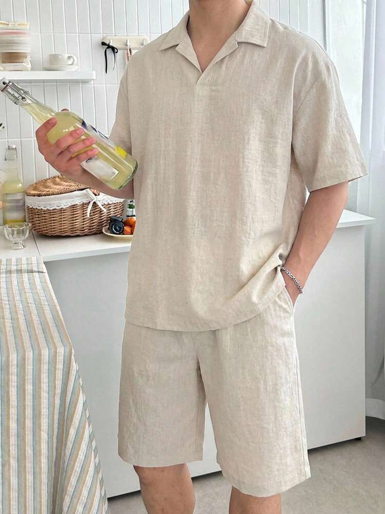 Men's Beige Polo Shirt And Shorts Set, Summer