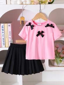 2pcs/Set Young Girl Sweet School Style Ribbon Bow Light Pink Short Sleeve Top & Black Pleated Skirt,Casual Summer T-Shirt Set For Family Matching - Multicolor - View 5