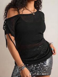 Freevana 大码波西米亚风黑色不对称肩短袖休闲宽松针织上衣，百搭夏季单品 - 黑色 - 查看 8