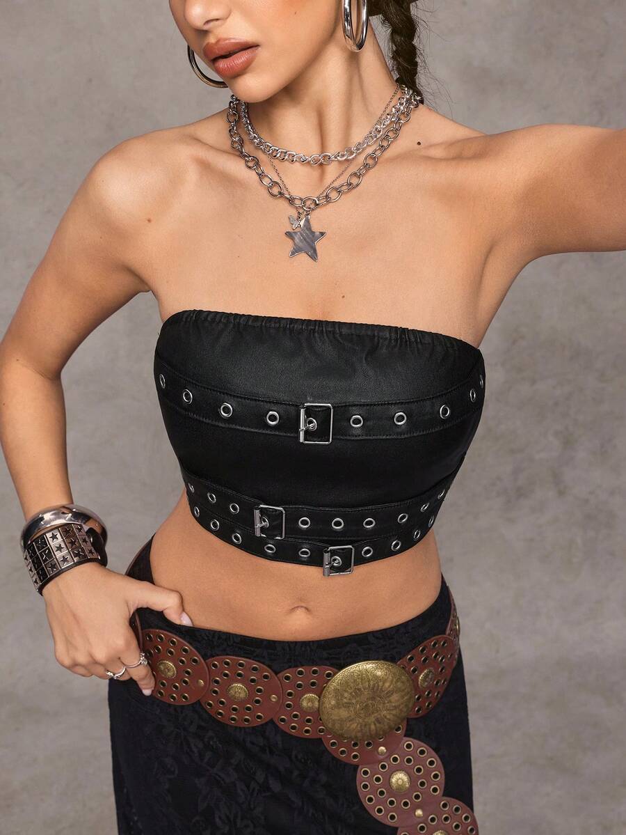 Jeanoix Y2K Women's Solid Color Fashionable Cropped Summer Tube Top - Black - View 1