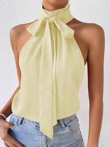 RosyDaze Women's Solid Color Tie-Neck Casual Versatile Daily Wear Shirt - Light Yellow - View 6