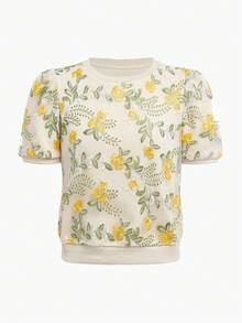 ZEYLAH 对比色网眼花卉刺绣泡泡袖针织上衣 - 彩色 - 查看 2