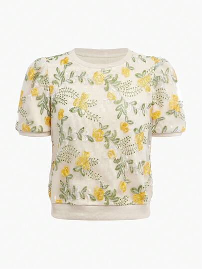 ZEYLAH 对比色网眼花卉刺绣泡泡袖针织上衣