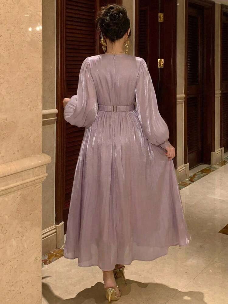 Women's Elegant Colorblock Sequin Patchwork V-Neck Puff Sleeve Ruched Long Dress, Spring/Summer Carnival Wedding Guest Dress Maxi Dress Sundress