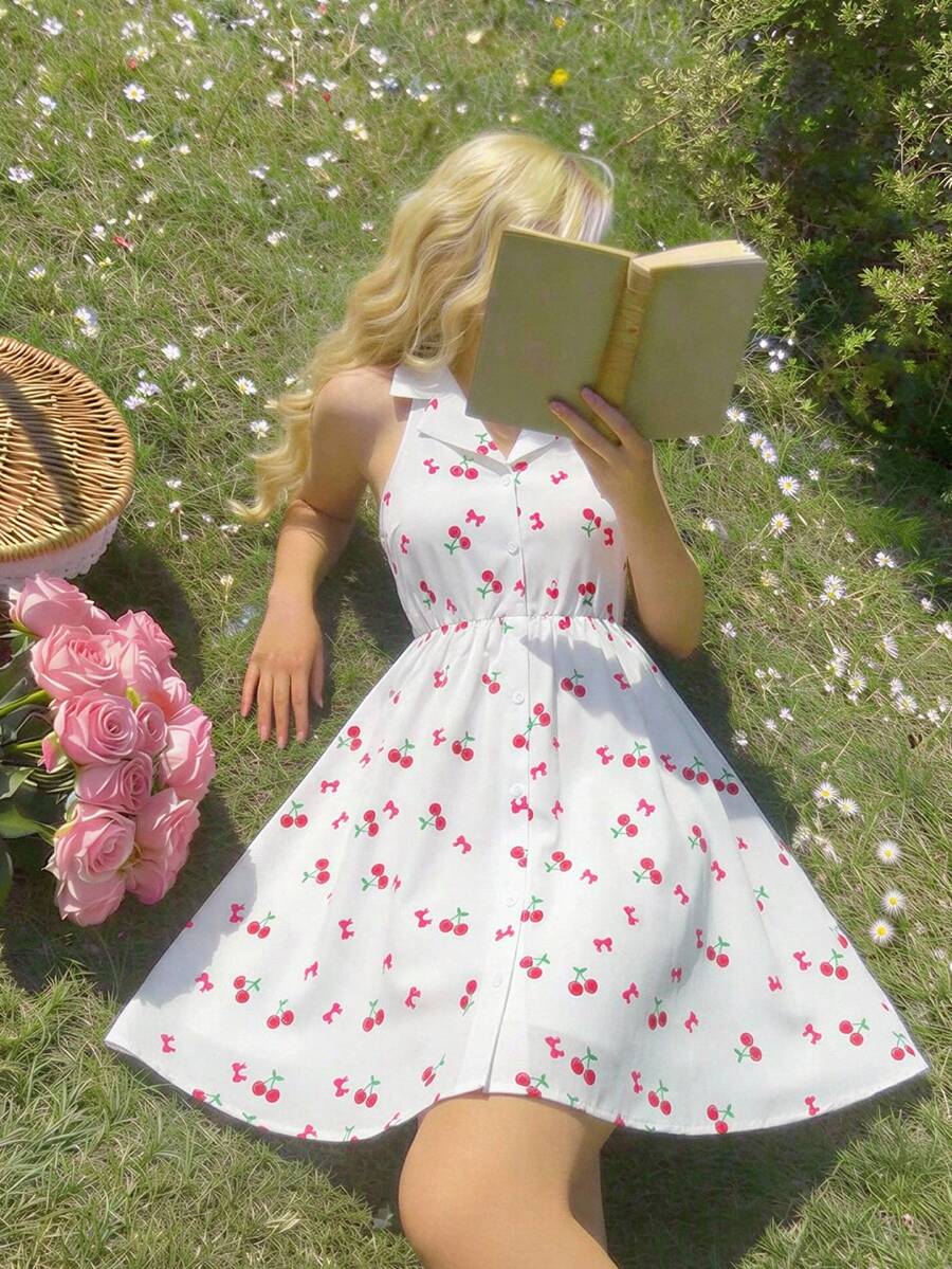 Girls' Cute Cherry Print Sleeveless Dress, Korean Style, Sweet Princess Vibe, Lightweight Fabric For Summer, Suitable For Daily Wear Or Outings - White - View 1
