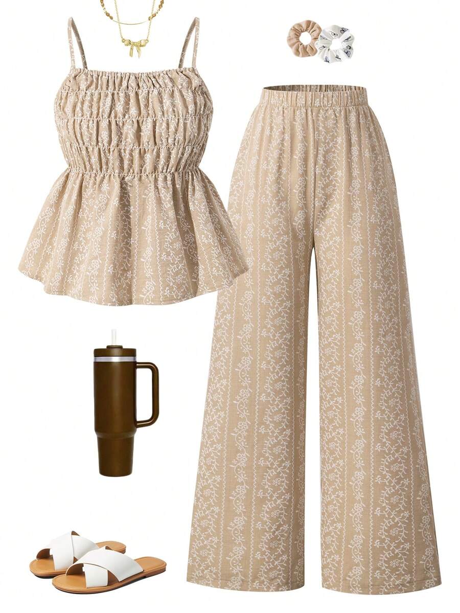 SHEIN 2pcs/Set Teen GirlCasual Camisole Top And Wide Leg Pants Set, Summer - Apricot - View 1