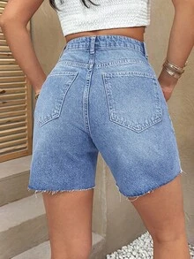 EURMUSE Quần short denim nữ cạp cao, có túi, gấu quần rách, kiểu dáng thường ngày, đa năng. - Màu xanh nhạt - Xem 2
